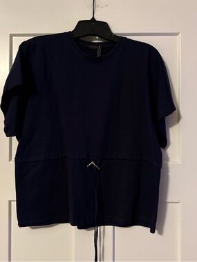 Zara Navy Short Sleeve Drawstring Waist Top
